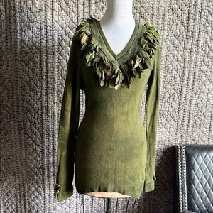 Green V-Neck Mini Dress with Leaf Accents 100%Cashmere,Hand Tie Dye